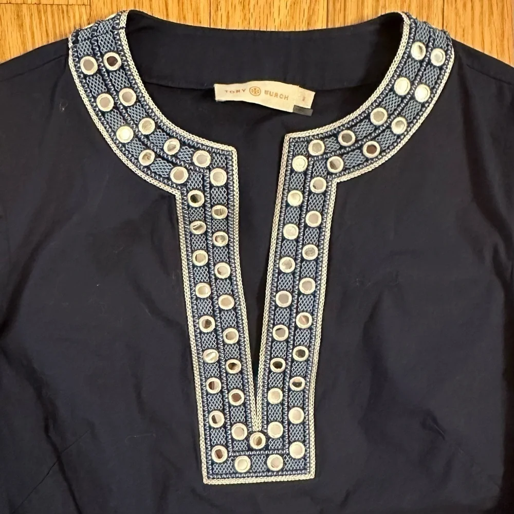 Tory Burch Womens Shirt Blue Sz 2 Bell Sleeve Ariana Tunic Embellished Boho Top
